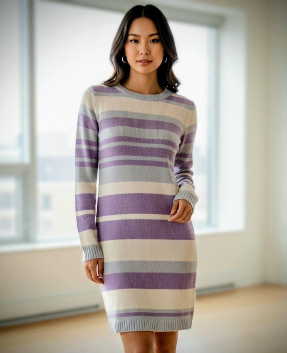 NYC New York & Company Women’s XL Striped Sweater Dress Purple Gray Cream Knit